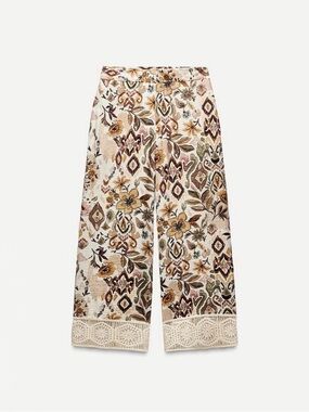 Zara Floral Wide-Leg Pants in Cream, Brown & Green - NWT